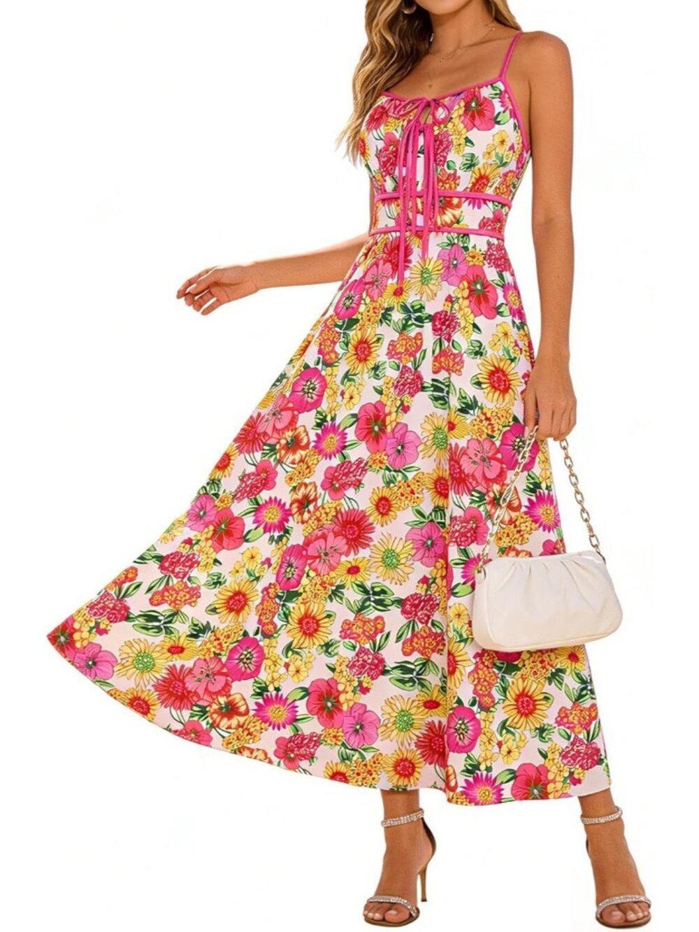 Women's Pink Yellow Summer Floral Maxi Dress Tie Front Boho Sundress W/Pockets